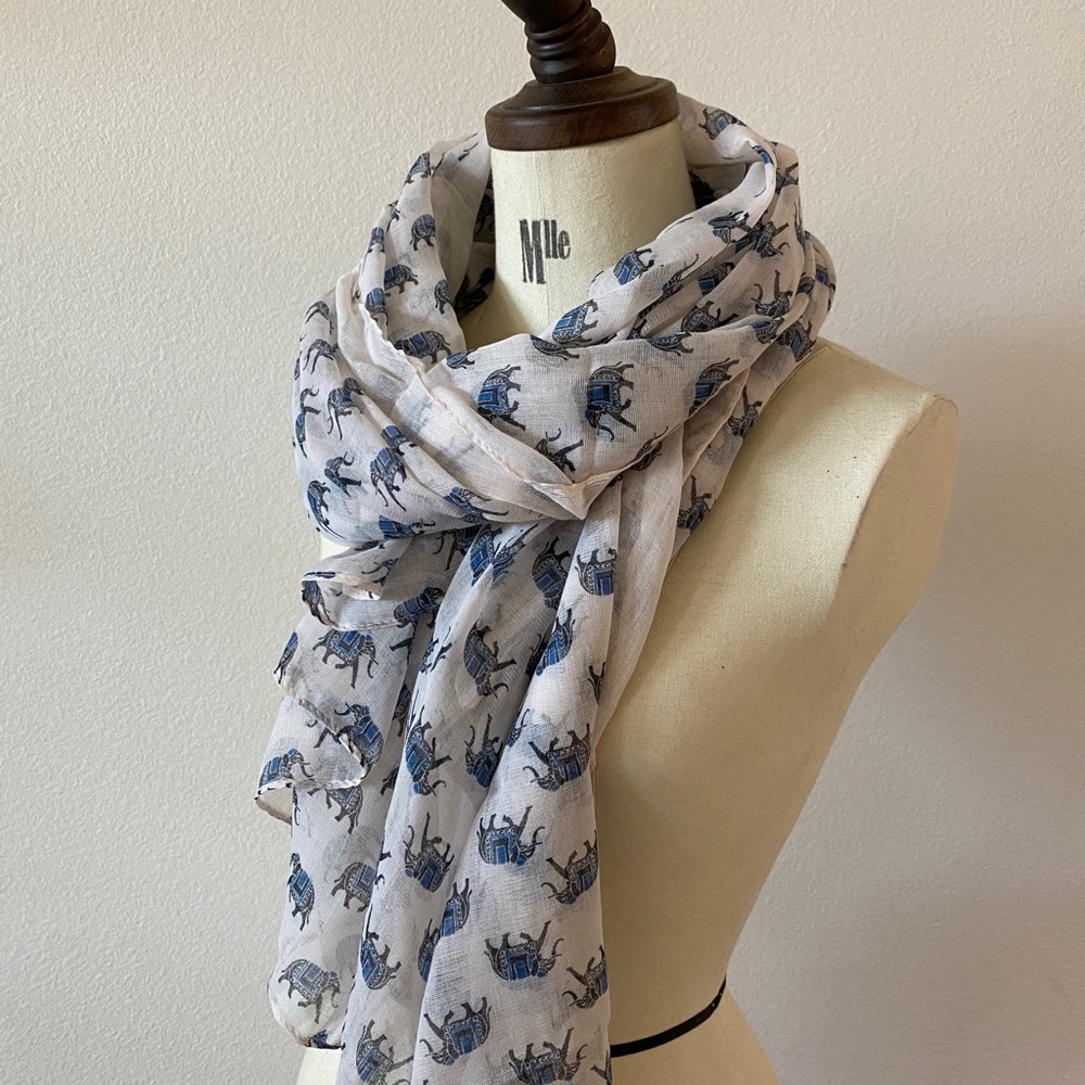 Beautiful Elephant Blue x White Scarf New